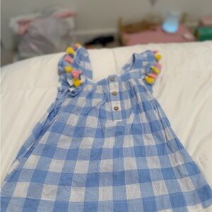 Mud Pie Blue and White Plaid Dress/Top with Pom Poms